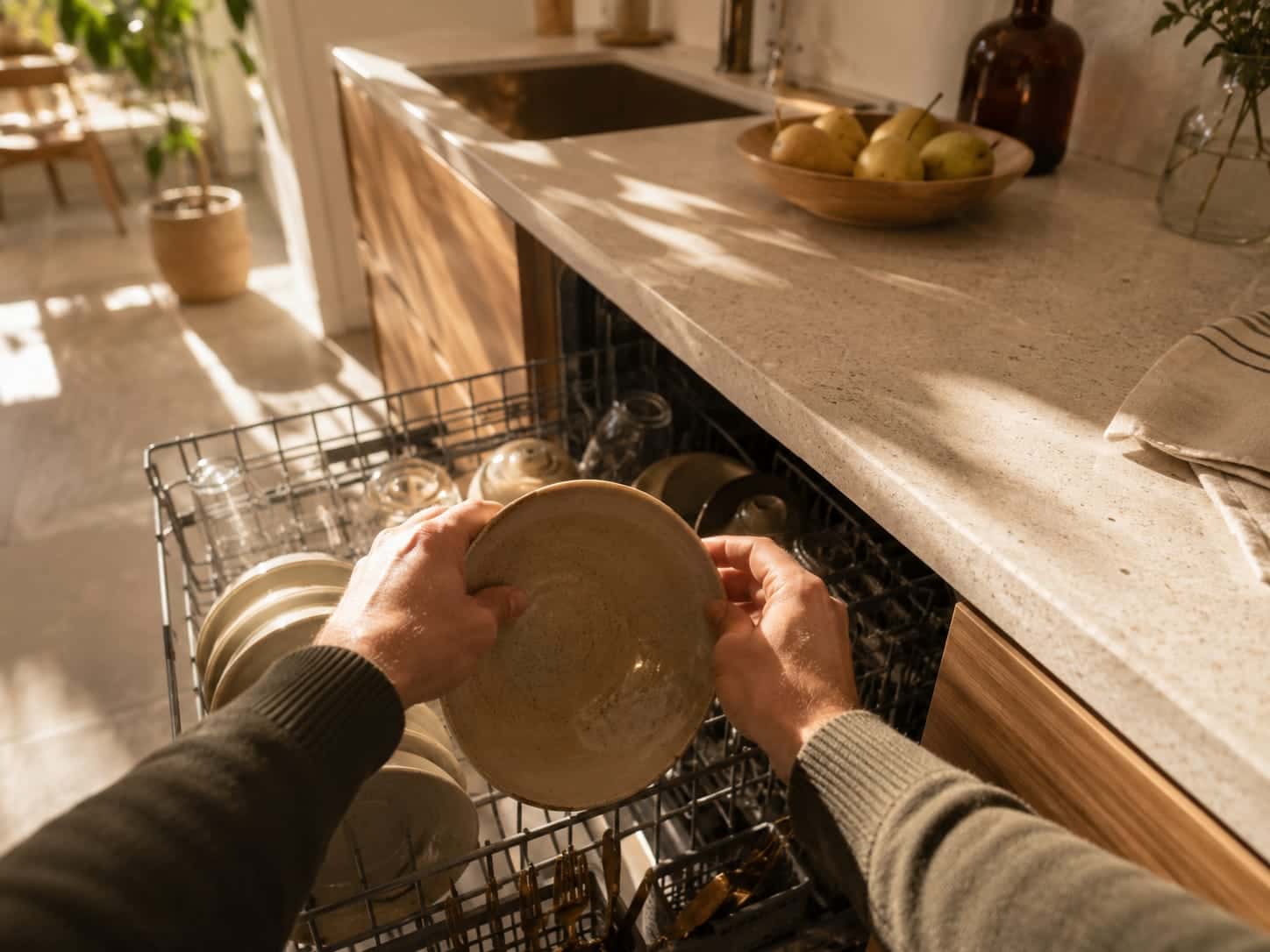 First-person view: two hands placing a ceramic bowl into a dishwasher rack