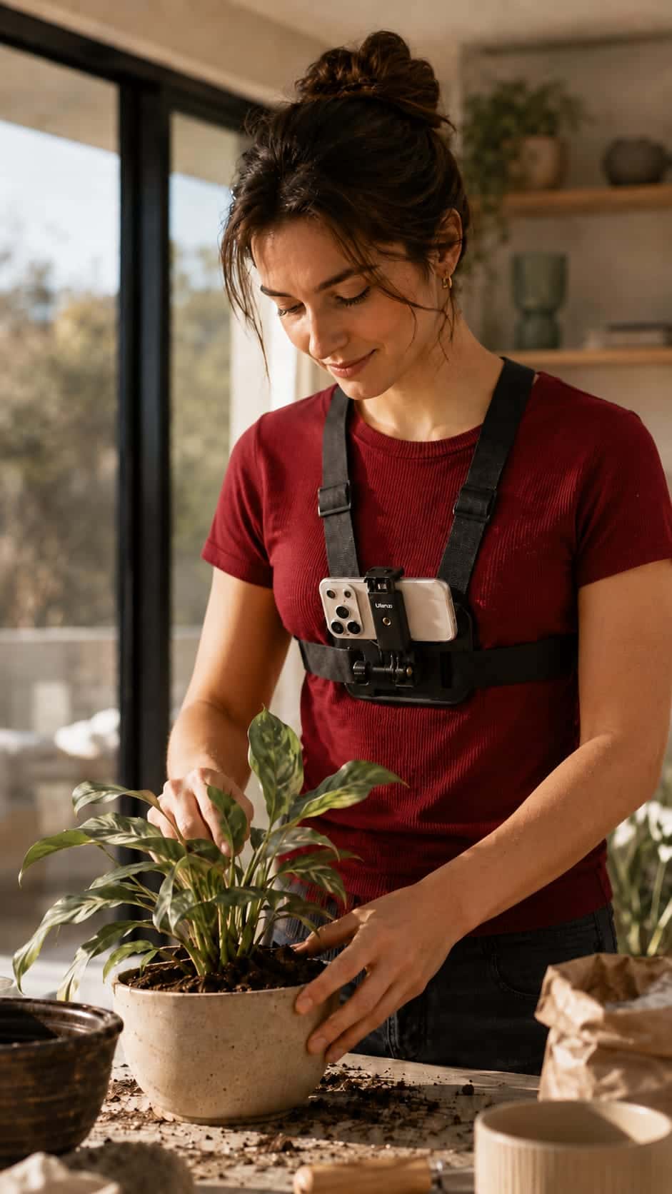 A woman with a chest-mounted phone presses soil around a houseplant