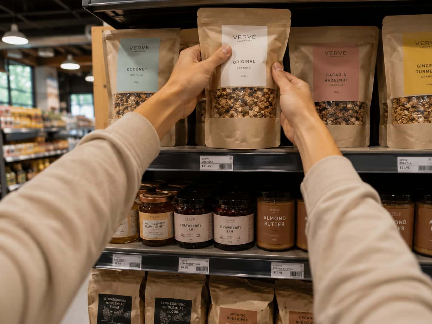First-person view: hands placing a bag of granola on a grocery shelf
