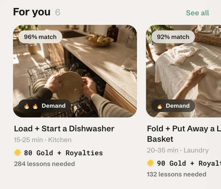 Taught app showing recommended Lessons with match scores and Gold rewards
